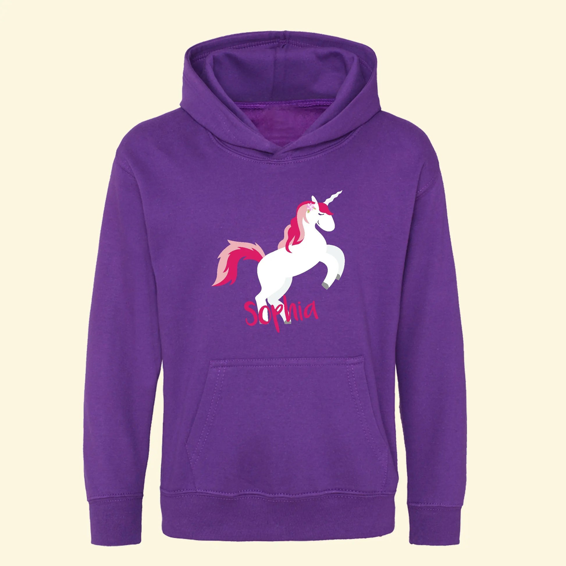 Purple hoodie with a colourful unicorn and the name Sophia printed underneath