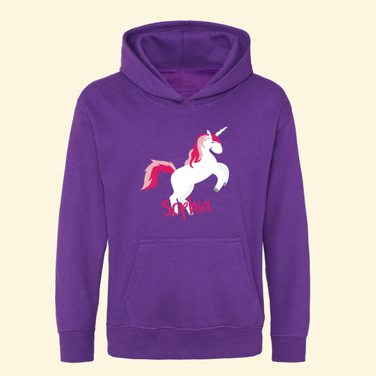 Purple hoodie with a colourful unicorn and the name Sophia printed underneath