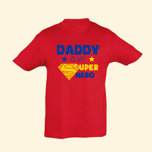 Daddy is my super hero design printed in two colours, royal blue and yellow with two stars on the second line.