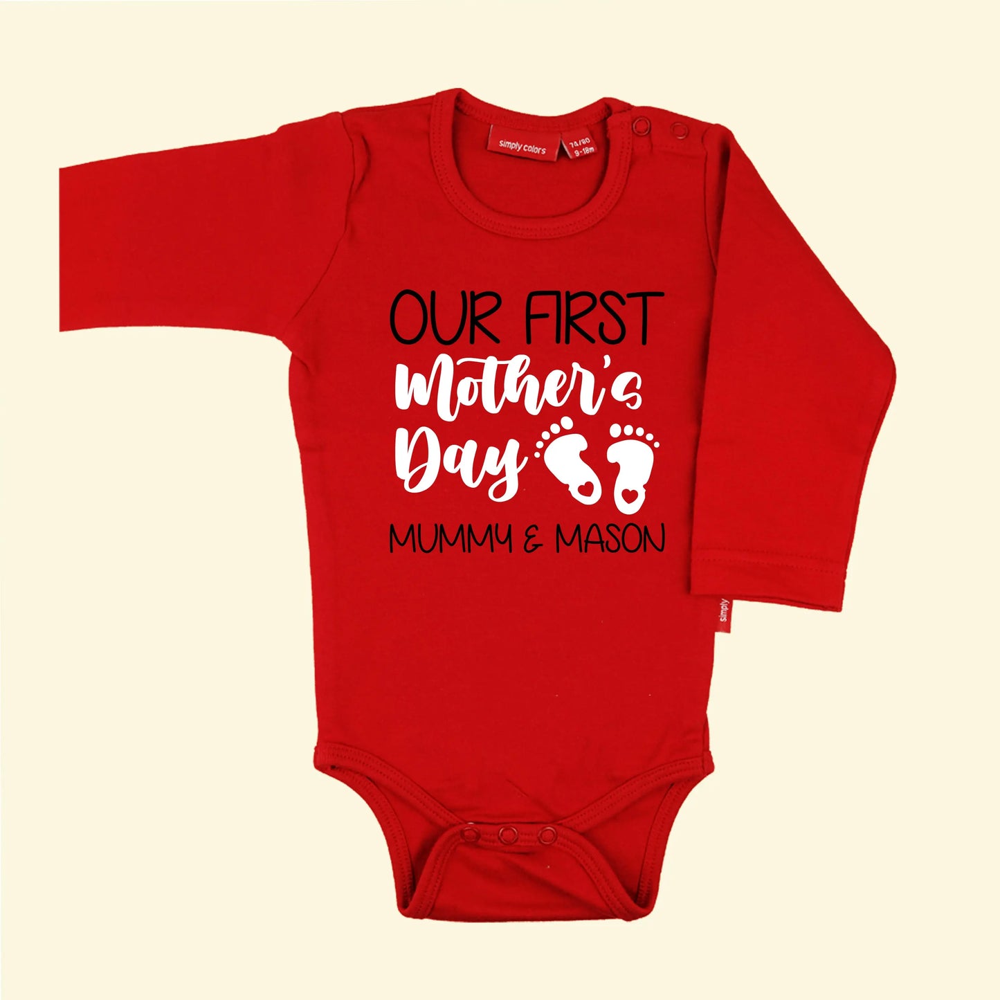 Red long sleeve body suit with Our first mother's day Mummy & Mason printed in two print colours black and white.