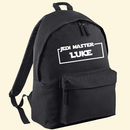 Black front pocket backpack with Jedi Master Luke printed in white.