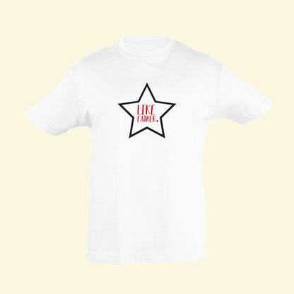 Kids white t shirt with star illustration printed in black with Like Father printed in the middle in red