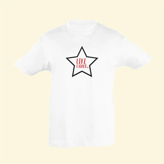 Kids white t shirt with star illustration printed in black with Like Father printed in the middle in red