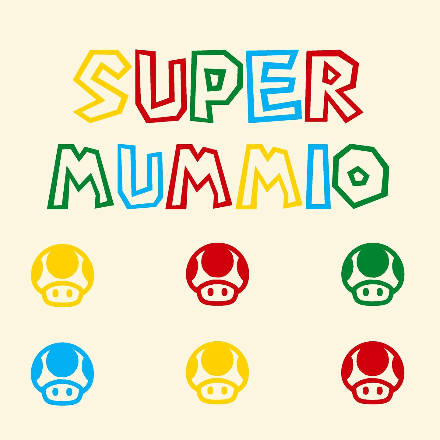 Example of Super Mummio and mushrooms with the starting letter in yellow