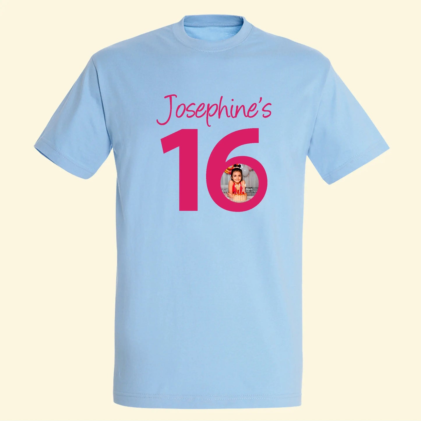 Light blue adult t shirt with personalised top line of text with numbers 16 Your able to add a photo to the inside of the 6