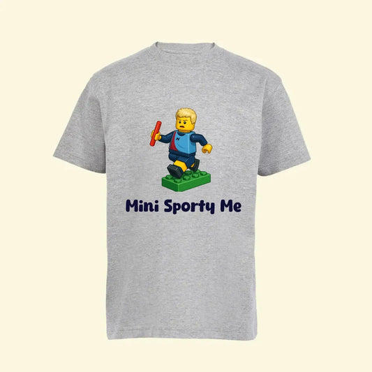 Grey t shirt with a lego mini figure character on the front. The mini figure has been created from a photo of a boy running holding a baton, the lego figure is a brick block figure of the boy, with the text Mini Sporty Me printed underneath