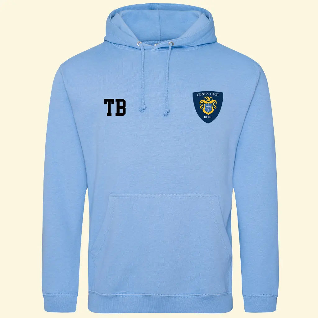 Cornflower blue leavers hoodie showing students initials and school crest on the front