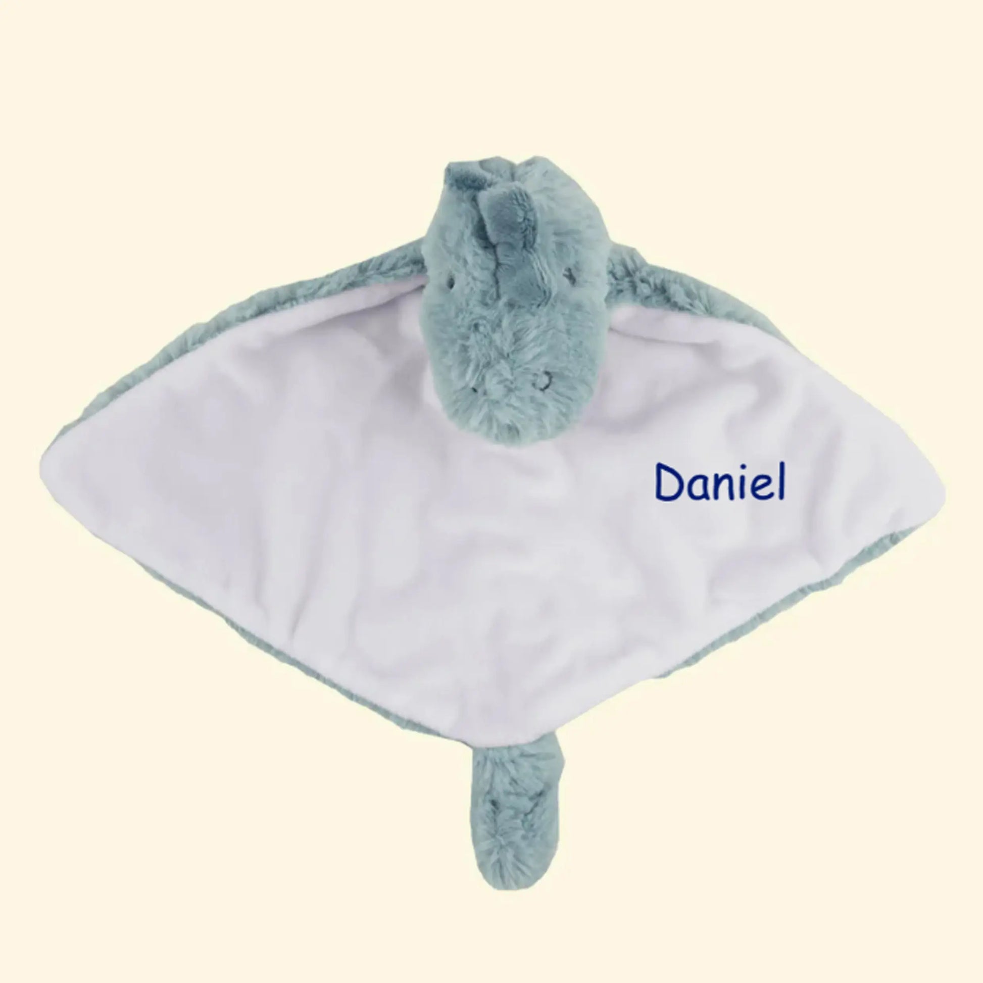 Baby comforter with a dinosaur style, personalised with baby's name.