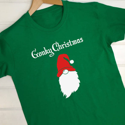 Green t shirt with a gonk design and the text Gonky Christmas