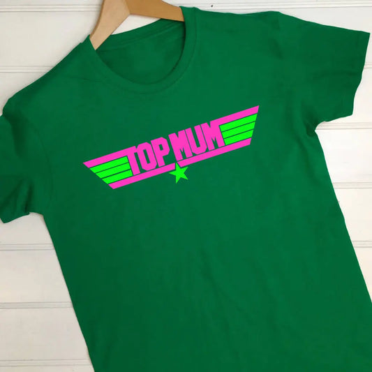 Green t shirt printed with Top Mum, stripes and a star in vibrant neon pink and neon green on the front.