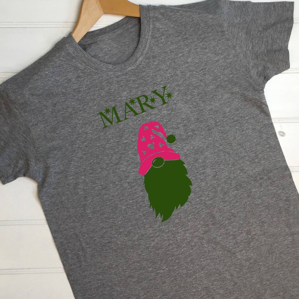 Grey t shirt with the name Mary and a gonk wearing a pink hat with hearts and a green bobble and beard