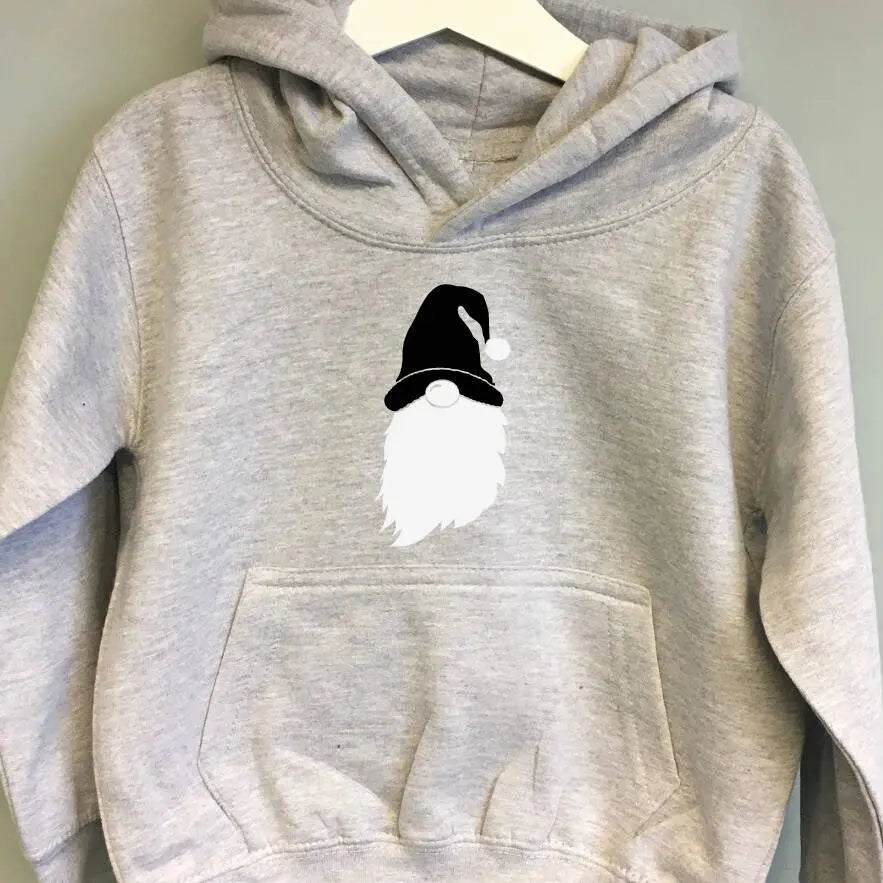 Kids grey hoodie with a gonk printed on the front. The gonk has a navy hat and a white beard