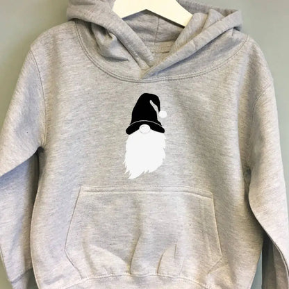 Kids grey hoodie with a gonk printed on the front. The gonk has a navy hat and a white beard