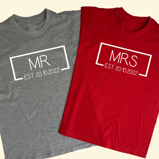 Two t shirts, one red with MRS and EST 20.10.2022 and a grey t shirt with MR and EST 20.10.2022