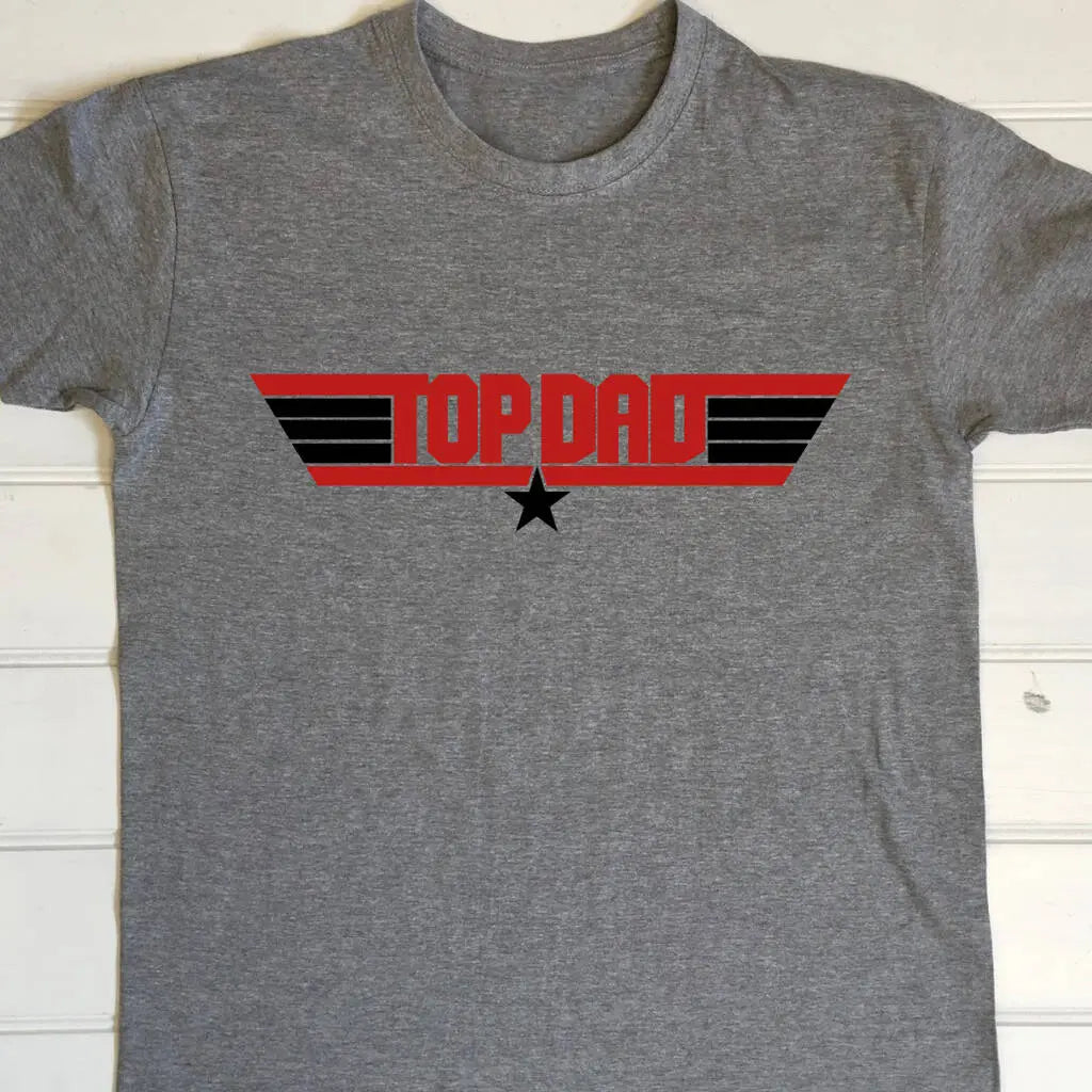 Grey adult's t shirt with top dad printed in red and the stripes on either side in black, along with the star below the text.