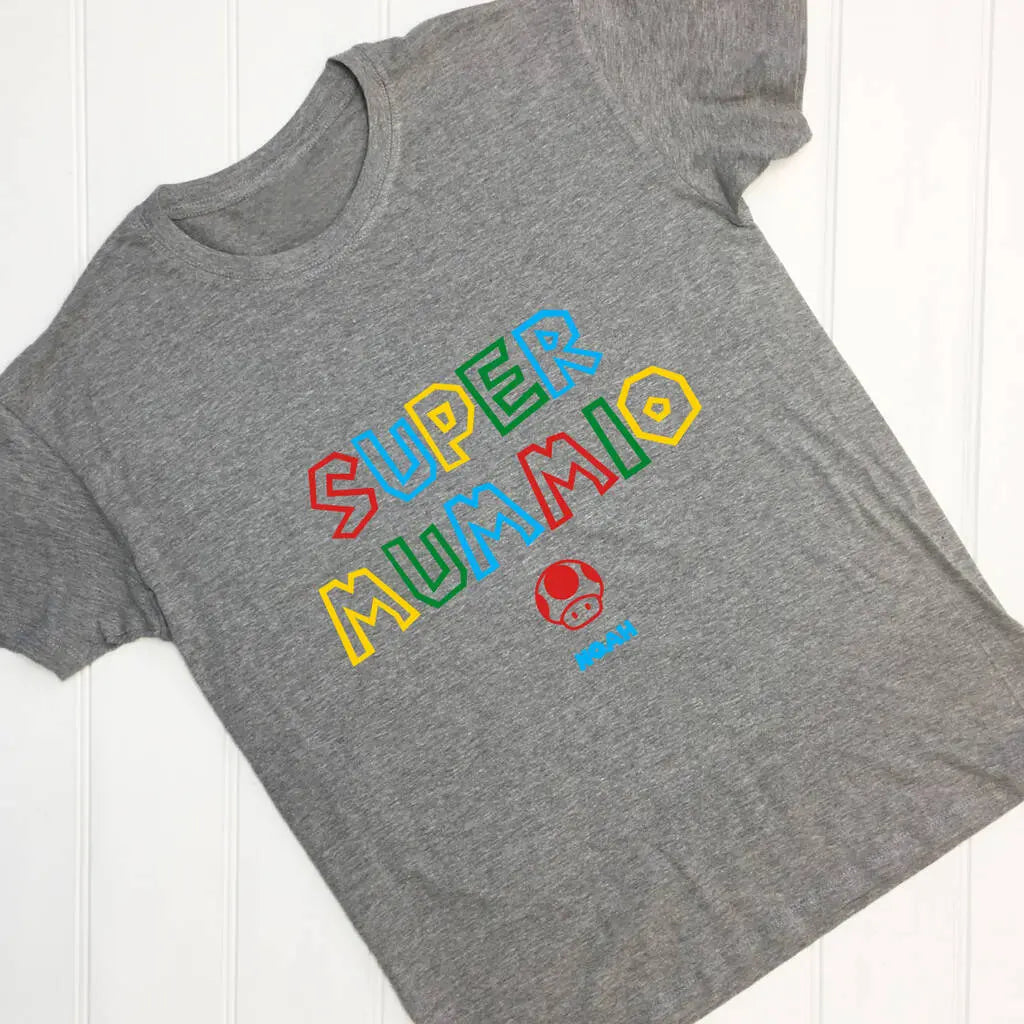 Grey t shirt with Super Mummio printed on the front in colourful cutout letters, with a red mushroom underneath and the name Noah printed on the front.