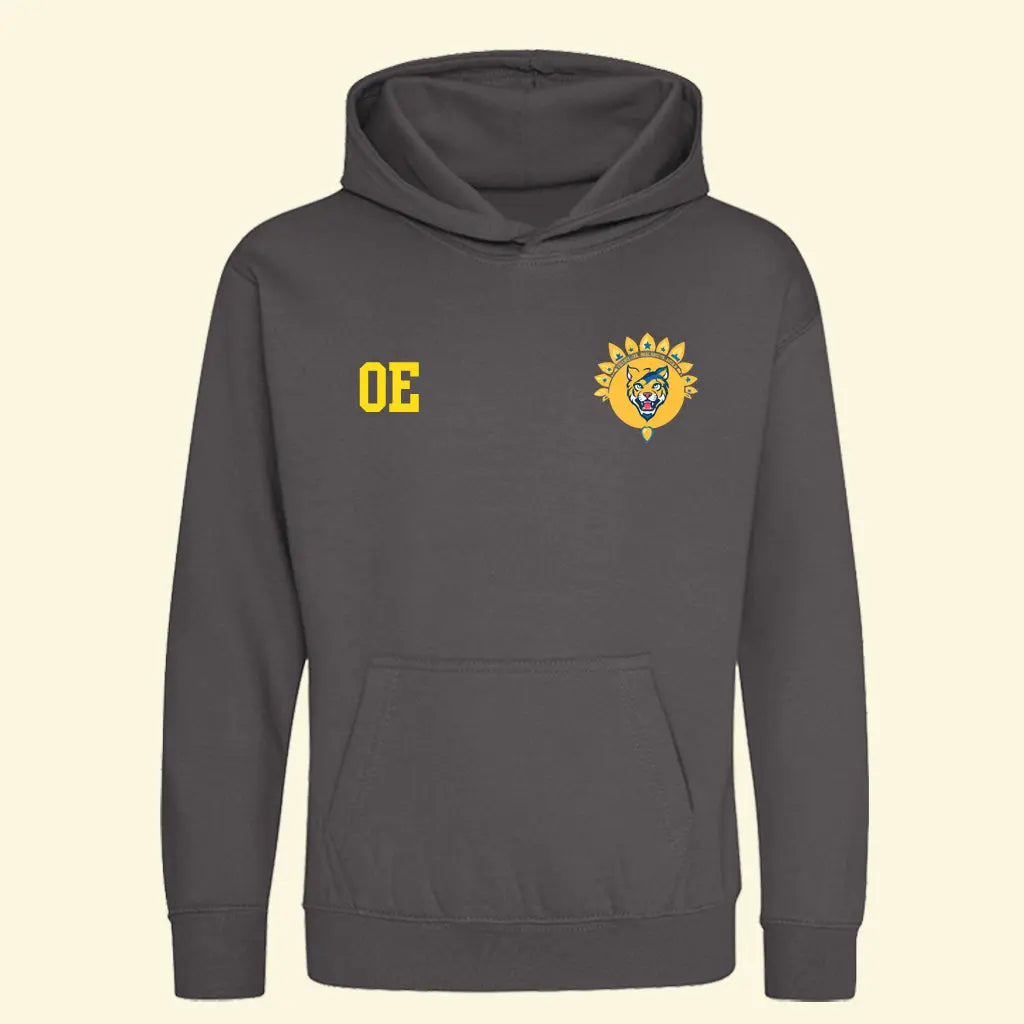 Kids leavers hoodie with individual initials and school crest printed on the front