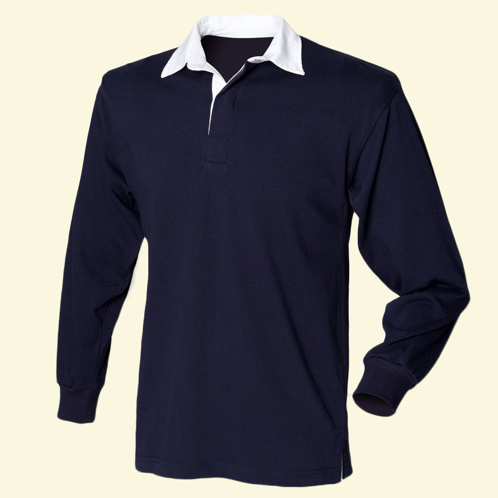 Navy rugby shirt with a white collar, front view