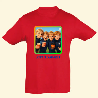 Red t shirt with a neon green square frame with a photo of four boys that has been turned in to a Pixar style cartoon image