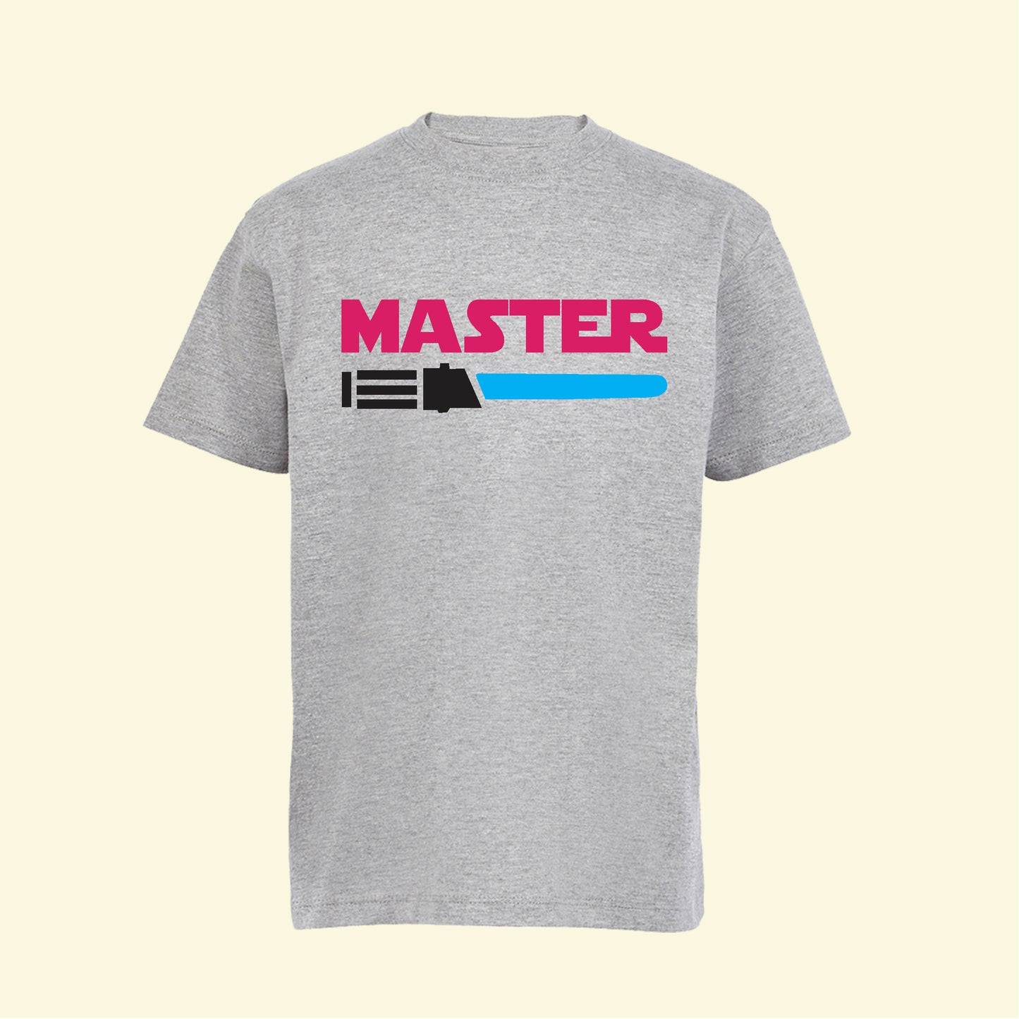 Grey t shirt with master and a blue light saber printed on the front