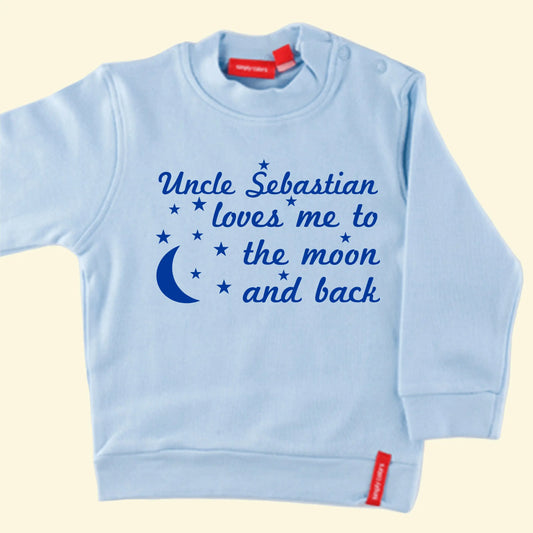 Light Blue long sleeve pyjama top with Uncle Sebastian loves me to the moon and back printed in royal blue.