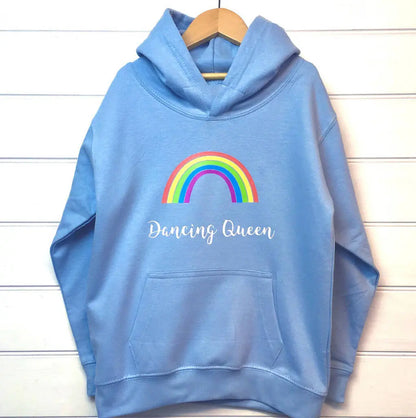 Light blue hoodie with a colourful rainbow and the text Dancing Queen printed on the front.