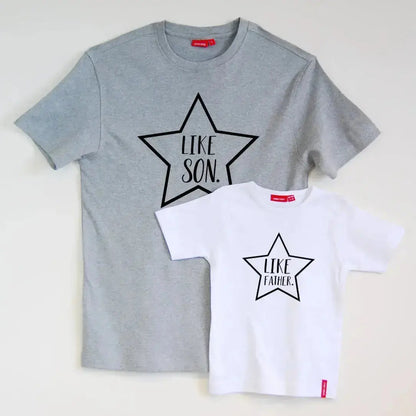Grey adult t shirt with star illustration with Like son printed in the middle in black, kids white t shirt with star illustration with Like Father printed in the middle in black