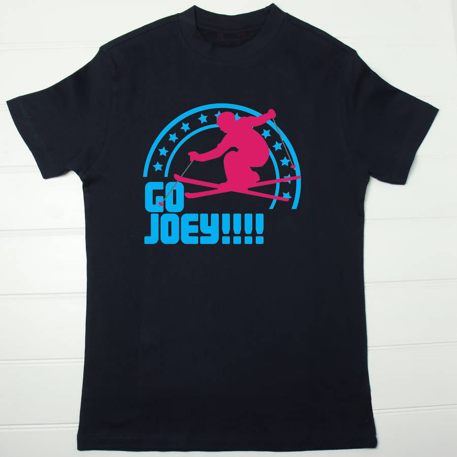 Navy t shirt with a ski design in blue and pink and the text Go Joey!!!