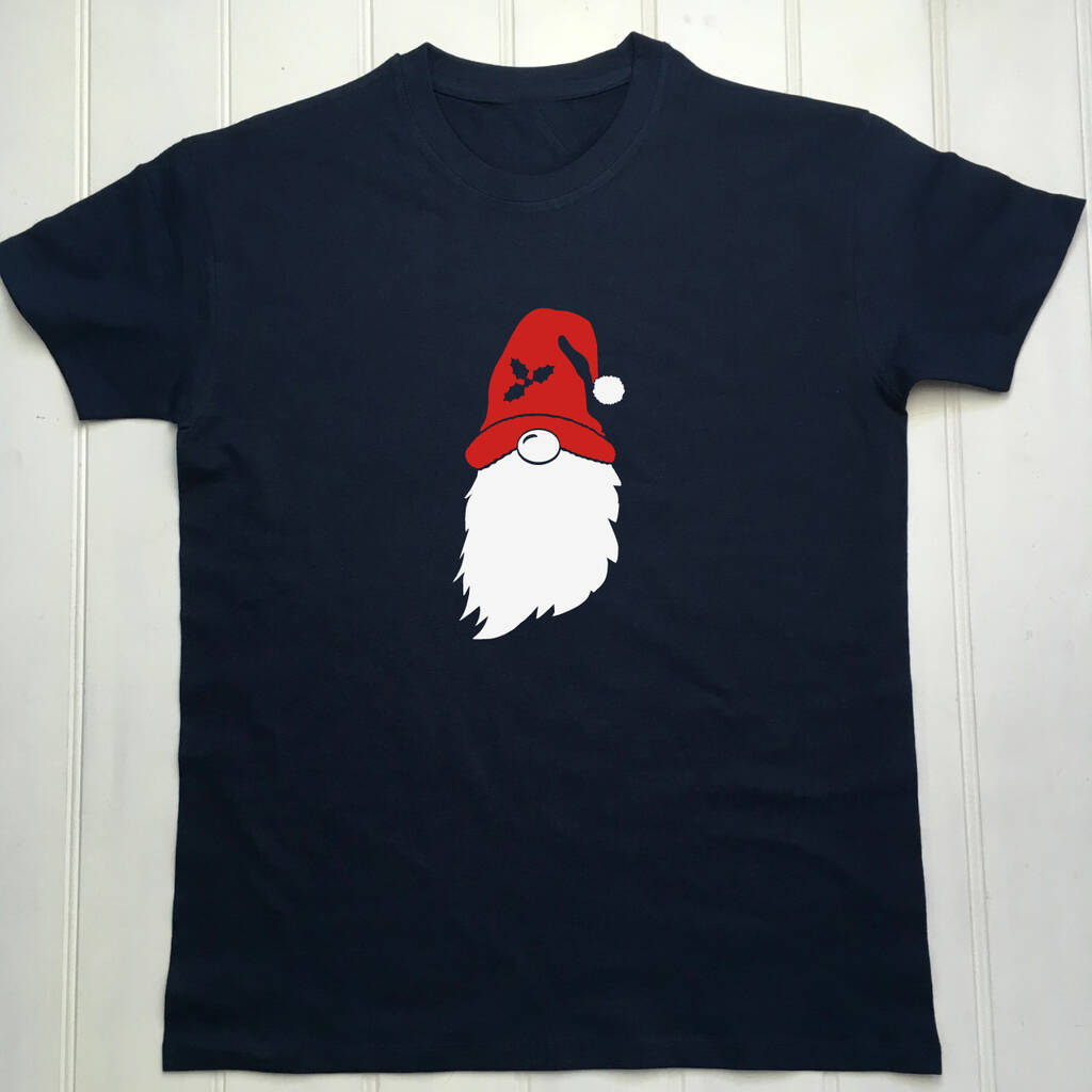 Navy t shirt with a gonk shape wearing a red hat with holly and a white bobble on the hat and beard