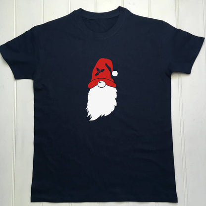 Navy t shirt with a gonk shape wearing a red hat with holly and a white bobble on the hat and beard