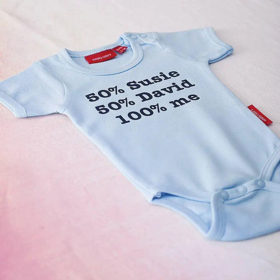 Light Blue babygrow with 50% Susie 50% David 100% me printed in navy on the front