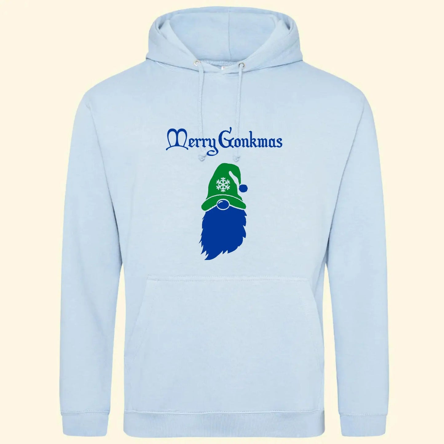 Light Blue Hoodie with a Christmas Gonk and Merry Gonkmas on the front, option to add a name too.