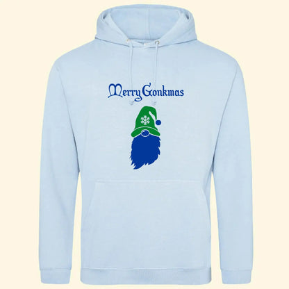 Light Blue Hoodie with a Christmas Gonk and Merry Gonkmas on the front, option to add a name too.