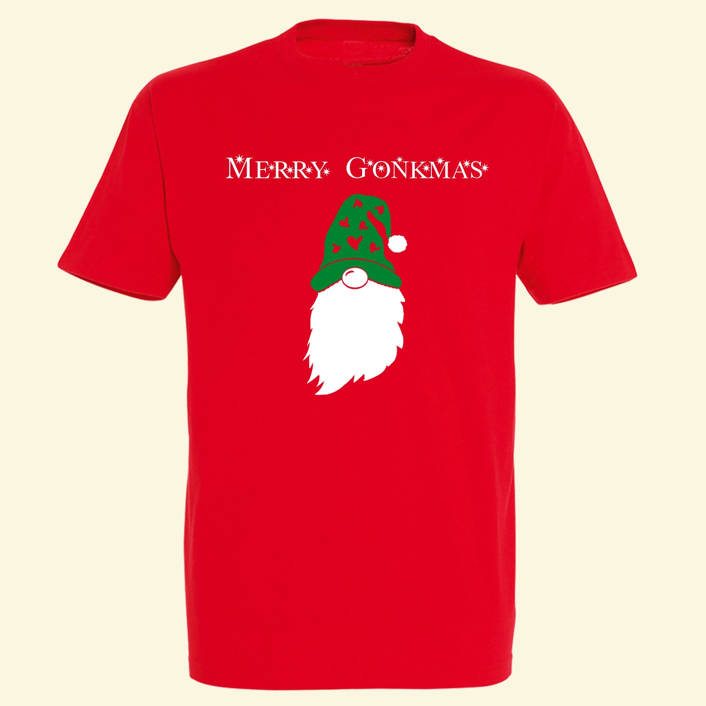 Red t shirt with a cute gonk design and Merry Gonkmas printed on the front