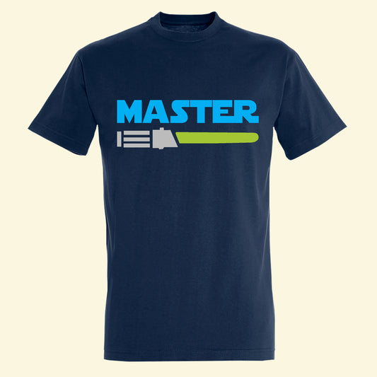 Navy blue t shirt with MASTER and a light saber underneath. A great gift for star wars fans