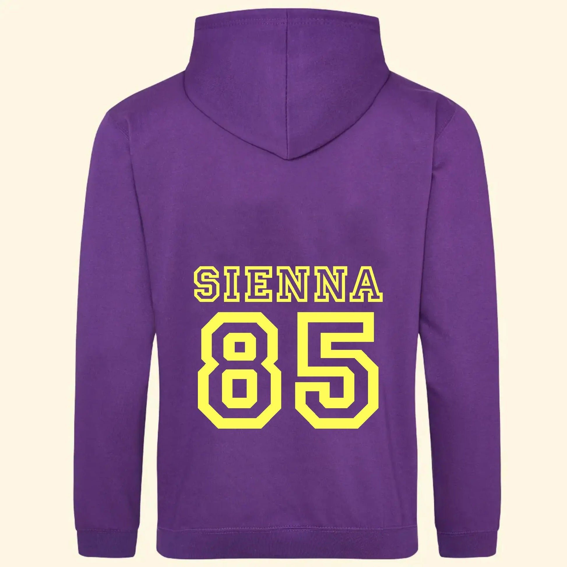Purple hoodie with the name Sienna and the number 85 printed on the back in yellow