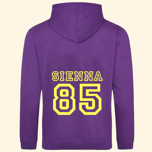 Purple hoodie with the name Sienna and the number 85 printed on the back in yellow