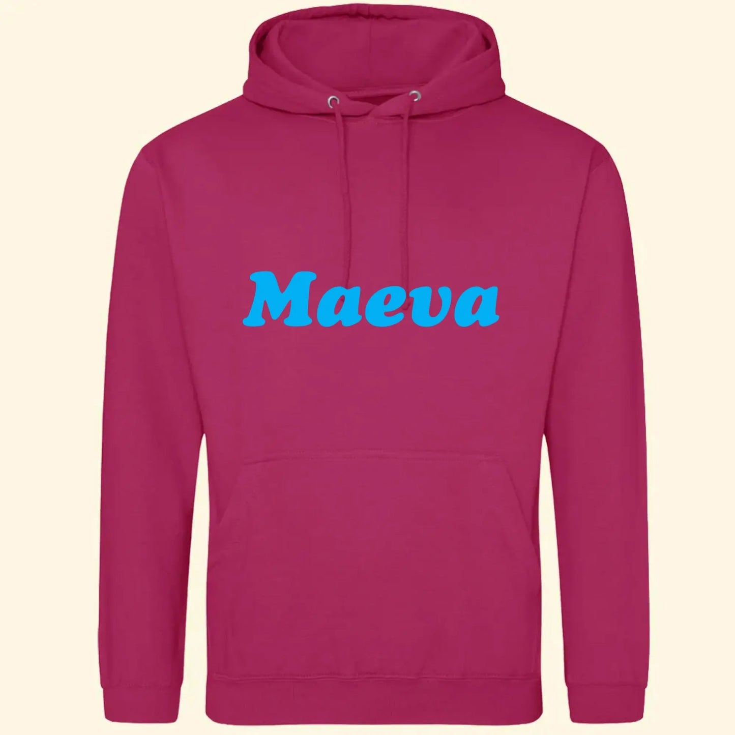 Pink adults hoodie with the name Maeva printed in blue across the front