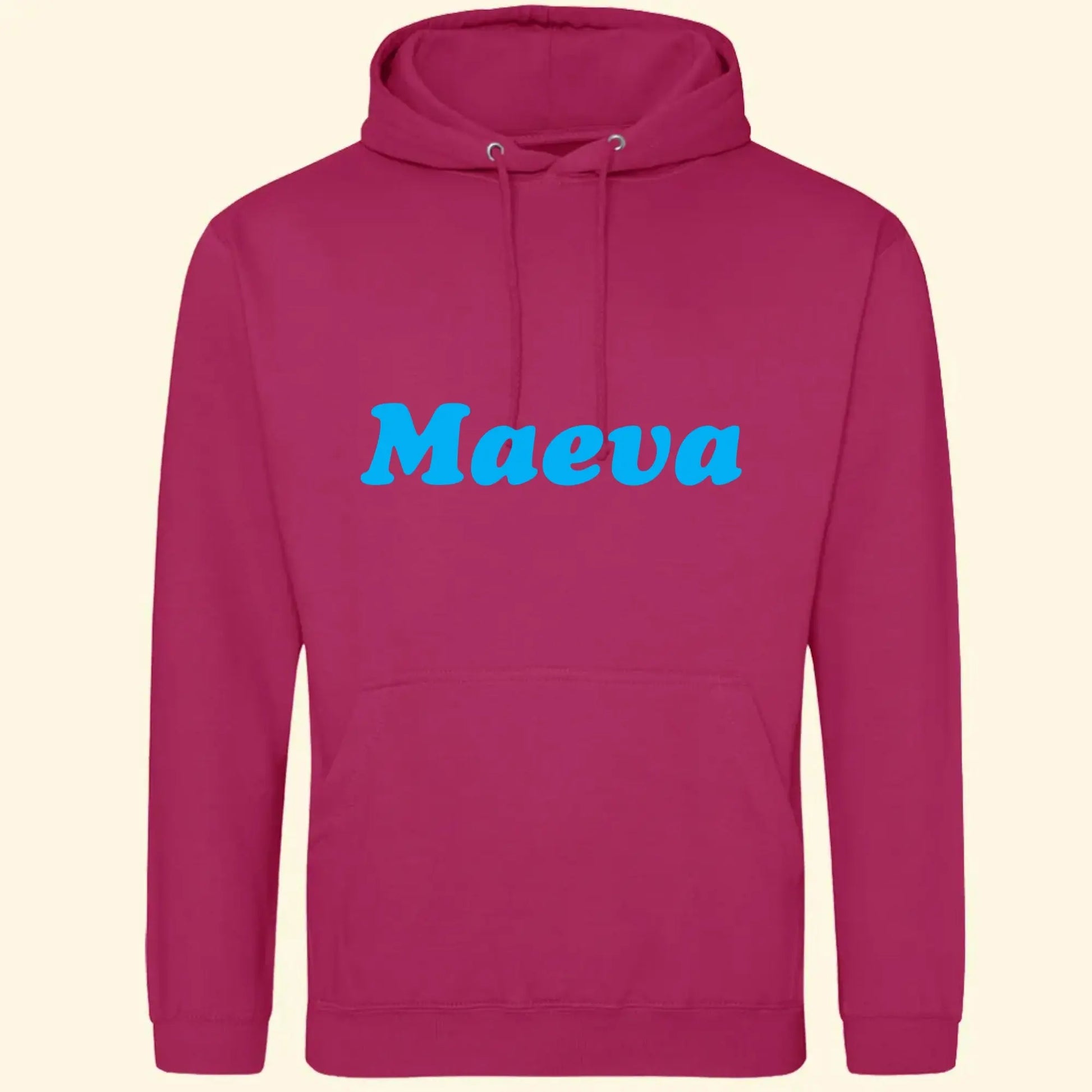 Pink adults hoodie with the name Maeva printed in blue across the front