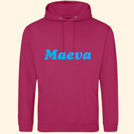 Pink adults hoodie with the name Maeva printed in blue across the front