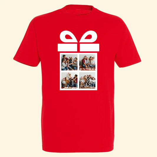 Red T shirt with a present shape that has your own photos inside the present. A fun Christmas gift