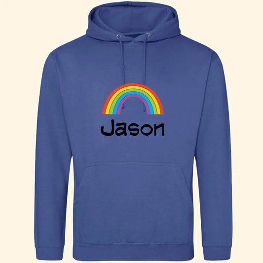 Royal blue hoodie with a colourful rainbow and the name Jason printed under the rainbow, on the front of the hoodie.