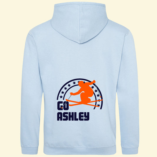 Light blue hoodie with a ski design and go Ashley printed on the back