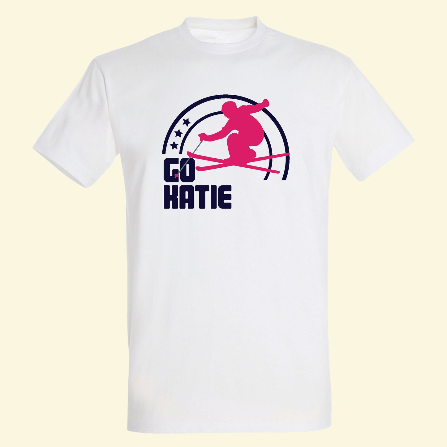 White t shirt with a skier and Go Katie printed on the front.