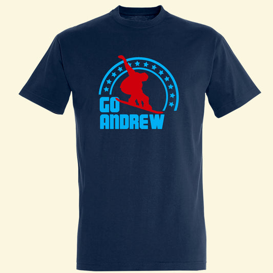 Navy t shirt with a snowboarder and Go Andrew printed on the front.