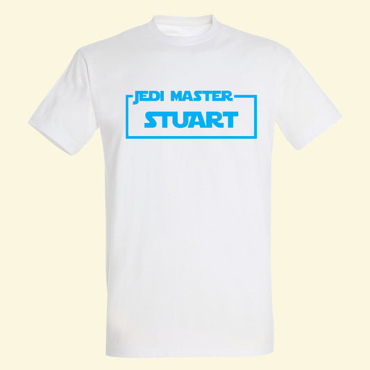 White t shirt with a star wars film surround, with Jedi Master and the name Stuart. Great gift for Star Wars fans