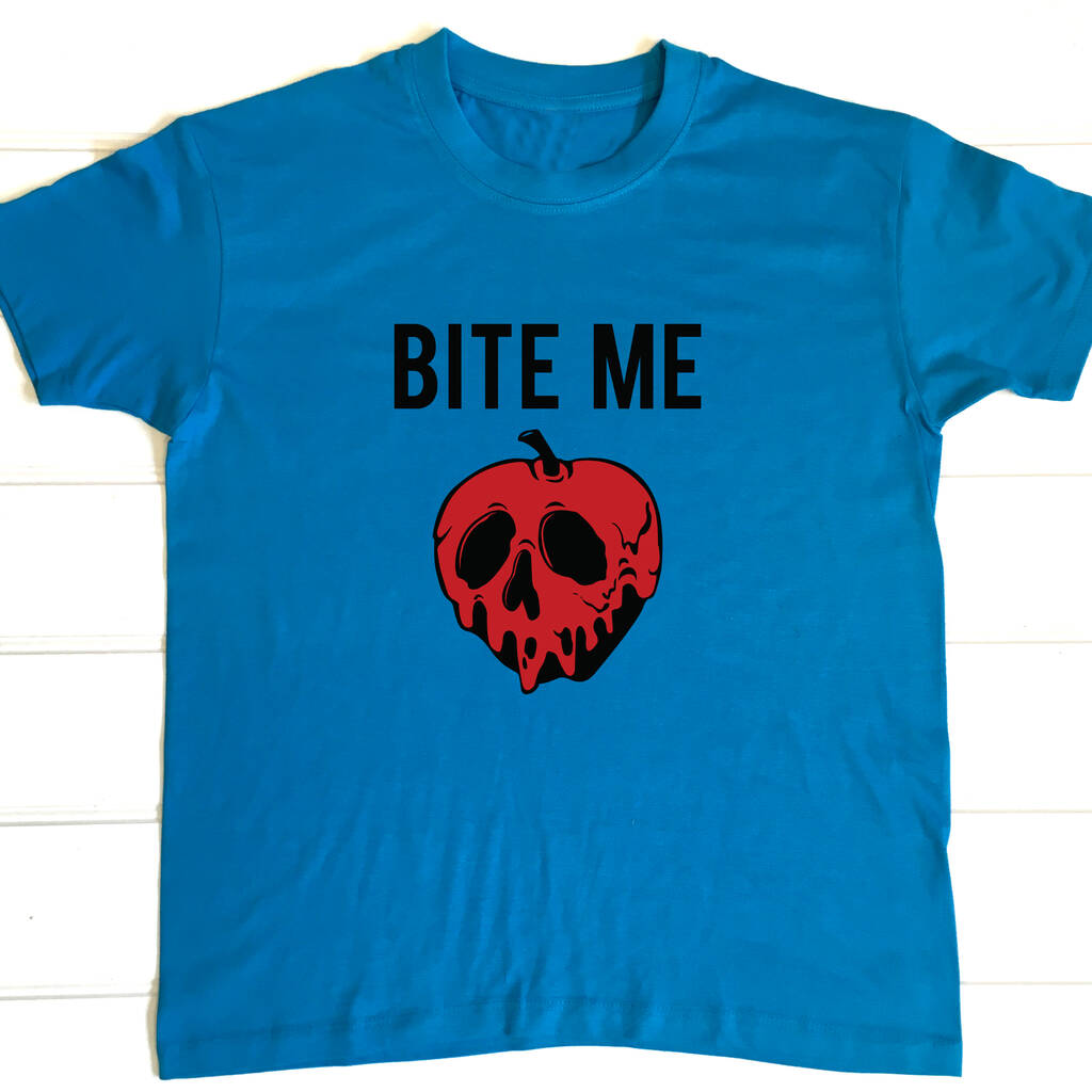 Aqua Blue t shirt with the text Bite Me on top of a red apple that looks like a skull