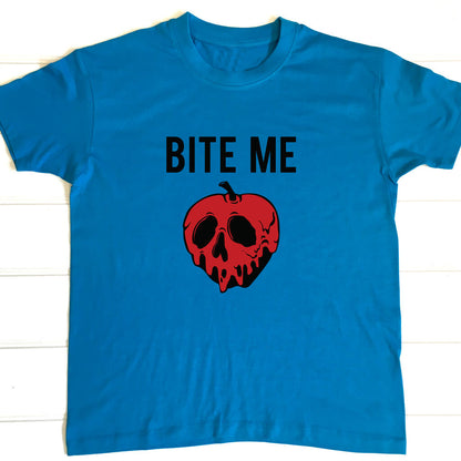 Aqua Blue t shirt with the text Bite Me on top of a red apple that looks like a skull