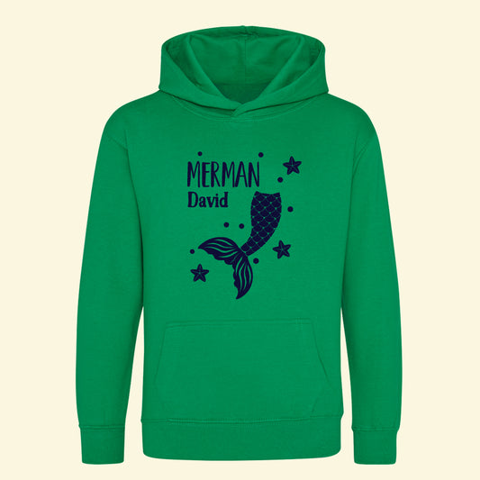 Green hoodie with a merman design in navy blue with the name David printed on the front.