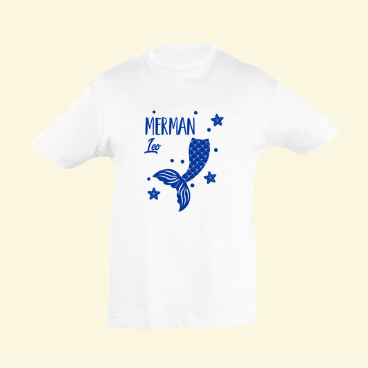 White t shirt with a merman design and the name Leo printed in blue on the front